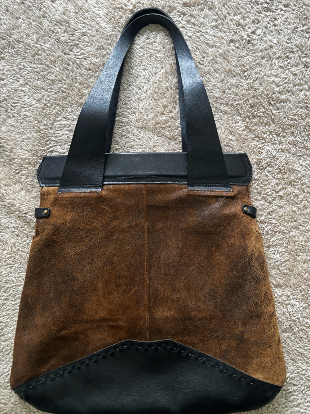 Vin Baker Brown Cowhide Tote Bag with Black Leather Handles